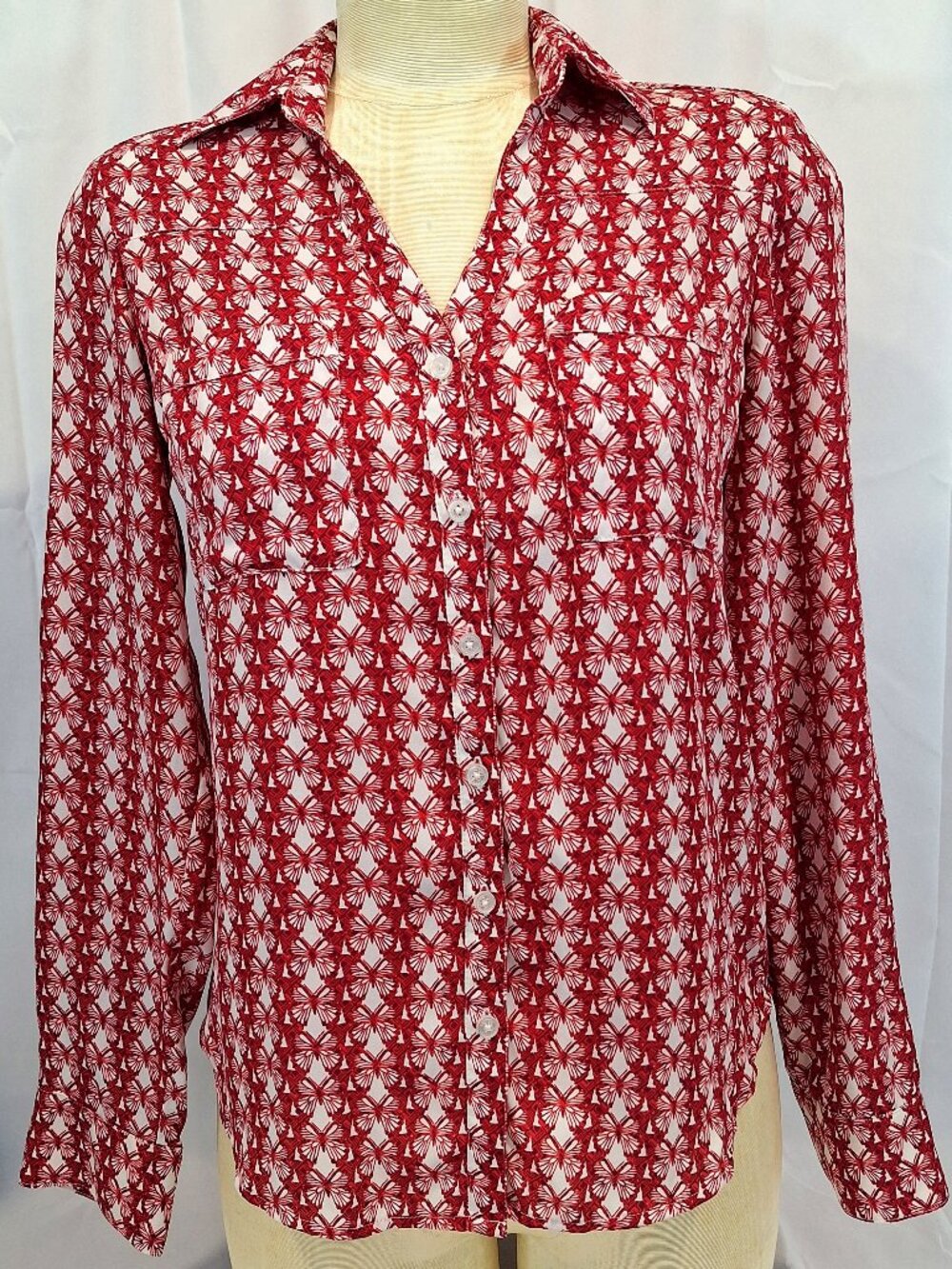 Express Portofino Shirt Red & White Butterfly Print Collared Pockets Women XS